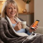 Lächelnde Frau entspannt auf dem Sofa in einer Heizdecke, hält eine Tasse und steuert die Wärme per Smartphone-App.