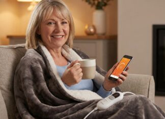Lächelnde Frau entspannt auf dem Sofa in einer Heizdecke, hält eine Tasse und steuert die Wärme per Smartphone-App.