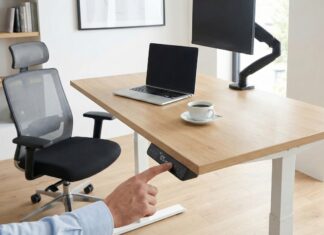 Eine Hand stellt über das digitale Bedienfeld die Höhe eines elektrischen Stehschreibtischs ein.