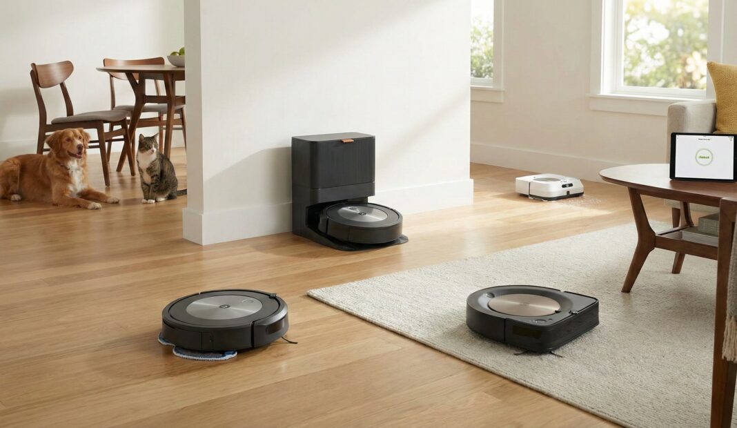 Ein Wohnzimmer mit mehreren Saugrobotern, einem Hund und einer Katze. Ein Roboter ist in einer Ladestation. Auf einem Tablet wird die Robotersteuerung angezeigt.