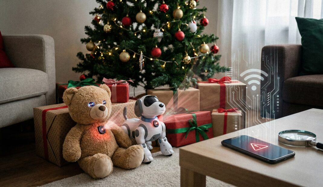 Vernetzter Teddy und Roboterhund unter dem Weihnachtsbaum senden Daten an ein Smartphone mit Warnsymbol.
