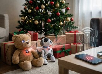 KI-Spielzeug im Check 12/2025: Welche Puppen und Roboter Ihr Kind abhören Vernetzter Teddy und Roboterhund unter dem Weihnachtsbaum senden Daten an ein Smartphone mit Warnsymbol.