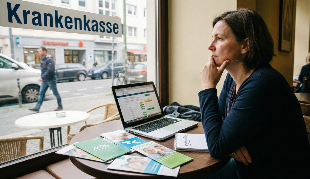 Eine Frau sitzt an einem Tisch mit Laptop und Infomaterialien verschiedener Krankenkassen und denkt nach. Im Fenster spiegelt sich eine Krankenkasse.