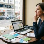 Eine Frau sitzt an einem Tisch mit Laptop und Infomaterialien verschiedener Krankenkassen und denkt nach. Im Fenster spiegelt sich eine Krankenkasse.