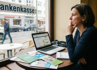 Krankenkassen-Wechsel 2026: So sparen Sie bis zu 700 Euro – der komplette Verbraucher-Guide Eine Frau sitzt an einem Tisch mit Laptop und Infomaterialien verschiedener Krankenkassen und denkt nach. Im Fenster spiegelt sich eine Krankenkasse.