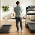 Ein Mann vergleicht im Wohnzimmer ein flaches Walking Pad mit einem großen, klassischen Laufband.