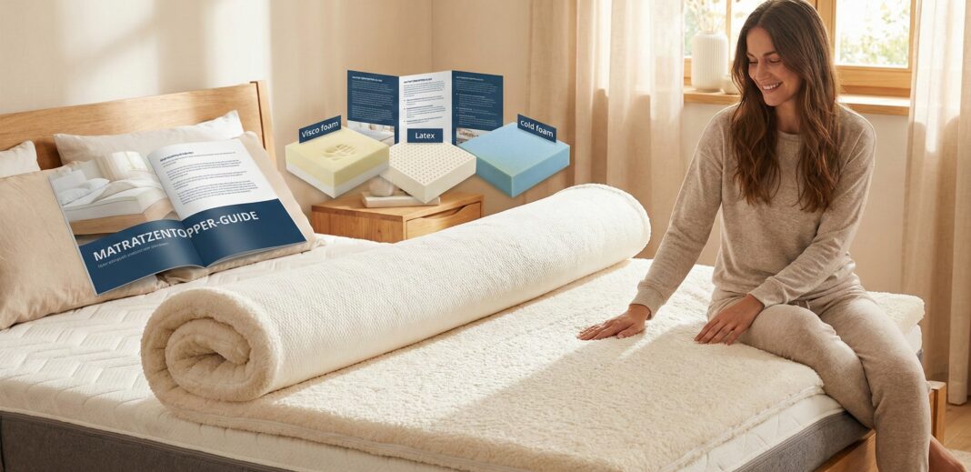 Frau auf Bett mit Topper, Ratgeber-Broschüre und Schaumstoff-Mustern (Visco, Latex, Kaltschaum).