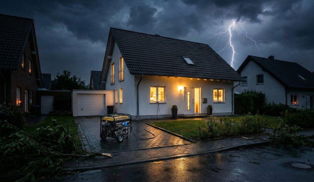 notstromaggregat-einfamilienhaus Ein Haus in einem Wohngebiet bei Nacht, beleuchtet durch Fenster und einen Blitzschlag. Ein Generator versorgt das Haus mit Strom.