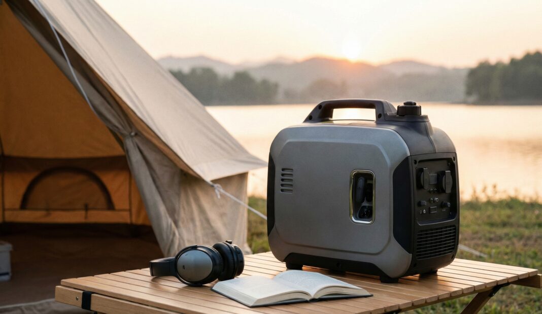 notstromaggregat-leise Tragbare Powerstation auf einem Campingtisch mit Buch und Kopfhörern vor einem Zelt am See bei Sonnenuntergang.