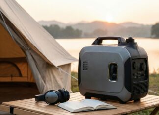 Tragbare Powerstation auf einem Campingtisch mit Buch und Kopfhörern vor einem Zelt am See bei Sonnenuntergang.