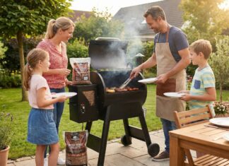 Eine fröhliche Familie steht im sonnigen Garten um einen rauchenden Pelletgrill und hält Teller bereit.