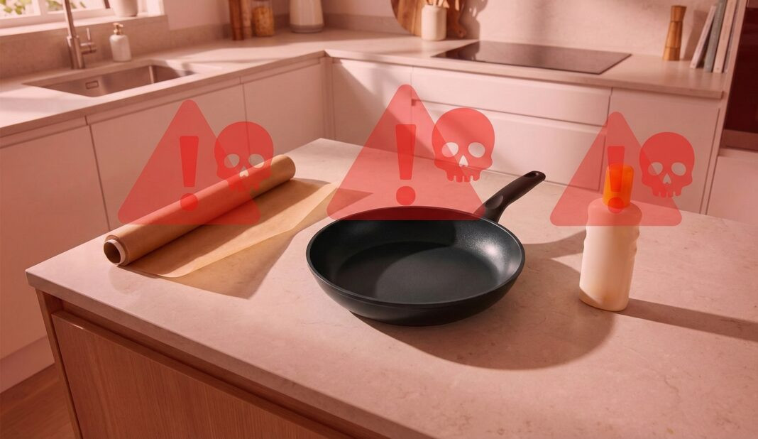 pfas-warnung Küche mit Pfanne, Backpapier und Flasche, überlagert von roten Warnsymbolen mit Totenköpfen.