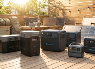 Verschiedene Powerstations von EcoFlow, Bluetti und Anker auf einer sonnigen Terrasse mit Solarpaneelen.