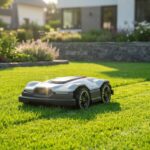 Ein grauer Rasenmähroboter steht auf einem grünen Rasen vor einem modernen Haus.