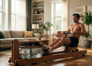 Ein Mann trainiert ohne Shirt auf einem Rudergerät in einem hellen Wohnzimmer. Er zieht am Griff und trainiert.