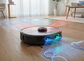 Ein Roboter-Staubsauger scannt den Raum mit Laserstrahlen und erstellt eine 3D-Karte, während er über einen Holzboden fährt.