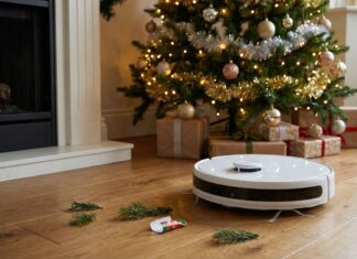 Ein weißer Saugroboter entfernt Tannennadeln vom Holzboden vor einem geschmückten Weihnachtsbaum.