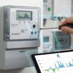Ein Elektriker arbeitet an einem Smart Meter, während er auf einem Tablet Energiedaten mit Diagrammen und Euro-Symbolen anzeigt.