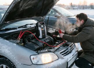 Ein Mann gibt einem Auto im Winter mit einem mobilen Starthilfegerät Starthilfe.