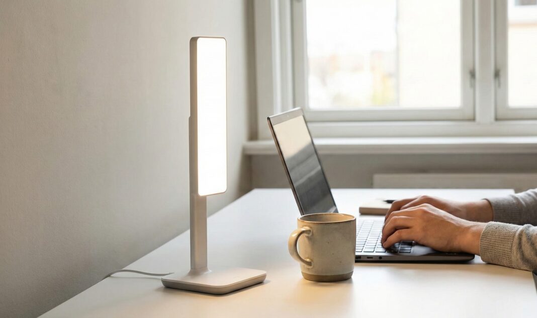 tageslichtlampe Schreibtisch mit Laptop, Tasse und Tageslichtlampe. Eine Person tippt.