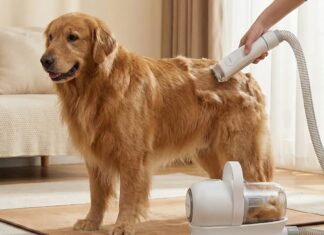 Ein Golden Retriever wird mit einem Staubsauger-ähnlichen Gerät gebürstet.