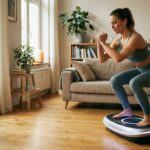 Die beste Vibrationsplatte - Test, Marktanalyse & Vergleich 12/2025 Eine Frau in Sportkleidung macht eine Kniebeuge auf einer Vibrationsplatte im Wohnzimmer.