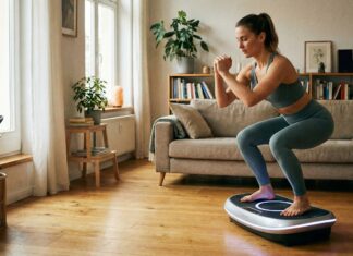 Eine Frau in Sportkleidung macht eine Kniebeuge auf einer Vibrationsplatte im Wohnzimmer.