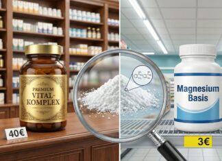 Der Vitalstoff-Bluff: Teure Apotheken-Vitamine vs. Discounter-Ware Lupe zeigt identisches Pulver in teurem "Premium Vital-Komplex" (40€) und günstigem "Magnesium Basis" (3€).