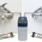 Das Bild zeigt einen Vergleich von verkalkten Armaturen und Heizstäben mit und ohne Wasserenthärter. Rechts saubere Armaturen, links verkalkte.