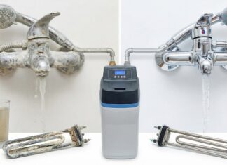 Das Bild zeigt einen Vergleich von verkalkten Armaturen und Heizstäben mit und ohne Wasserenthärter. Rechts saubere Armaturen, links verkalkte.