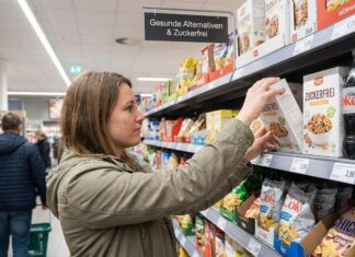 Die 0,0%-Lüge: Warum „Zuckerfrei“ und „Light“ Sie 2026 dicker und ärmer machen Eine Frau wählt im Supermarkt zuckerfreies Müsli aus dem Regal. Im Hintergrund sind weitere Kunden und Produkte zu sehen. Über dem Regal steht "Gesunde Alternativen & Zuckerfrei".